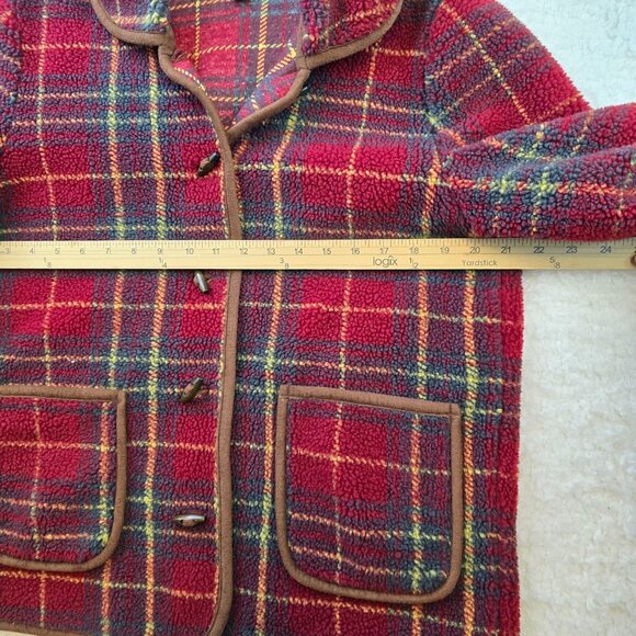 Orvis Vintage Jacket Fleece M Red Plaid Pockets Toggle Button Collar Flannel - Picture 4 of 9